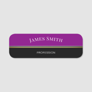 Elegant Black & Violet Purple: Gold Silver Striped Name Tag