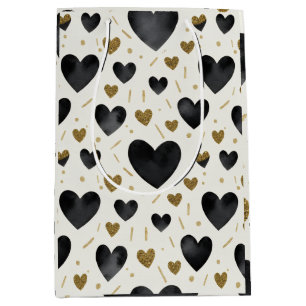 Elegant Black Watercolor & Gold Glitter Heart Patt Medium Gift Bag