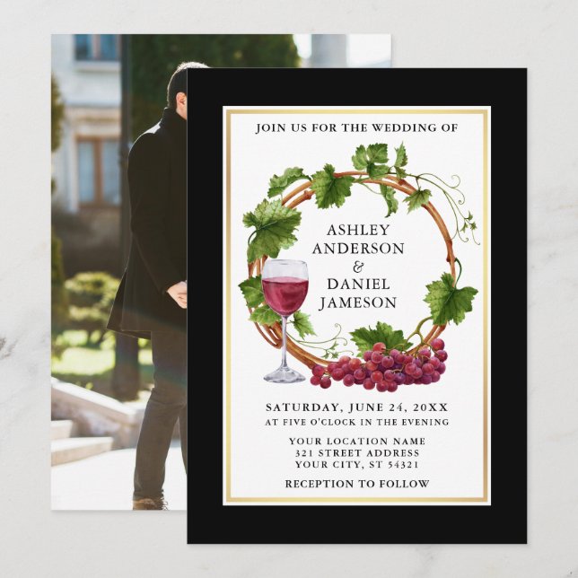 Elegant Black Watercolor Grapes Wreath Photo Invitation (Front/Back)