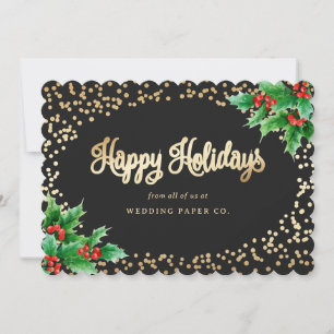 Elegant Black Watercolor Holly Berries Business Holiday Card