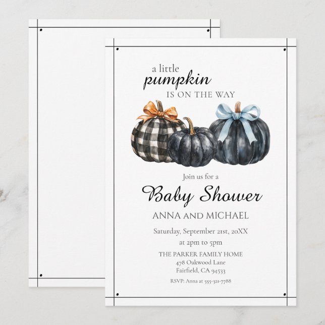Elegant Black Watercolor Pumpkin Baby Shower Invitation (Front/Back)