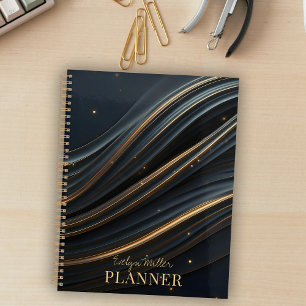 Elegant Black Waves with Golden Accents Planner