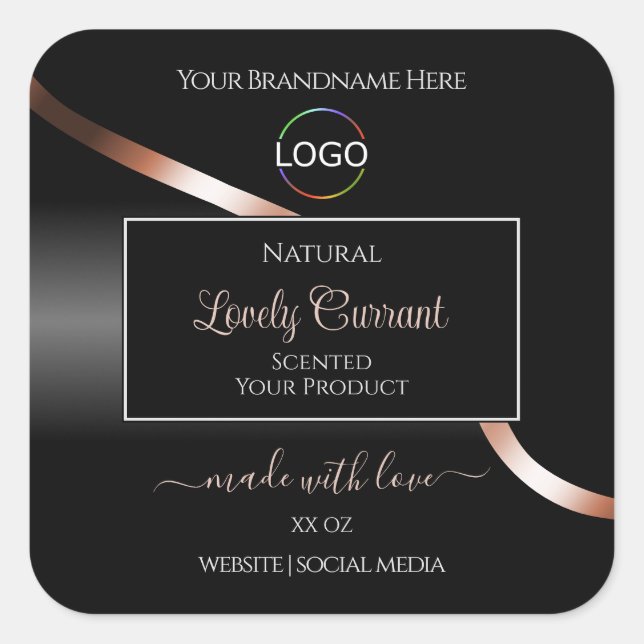 Elegant Black Wavy Rose Gold Logo Product Labels (Front)