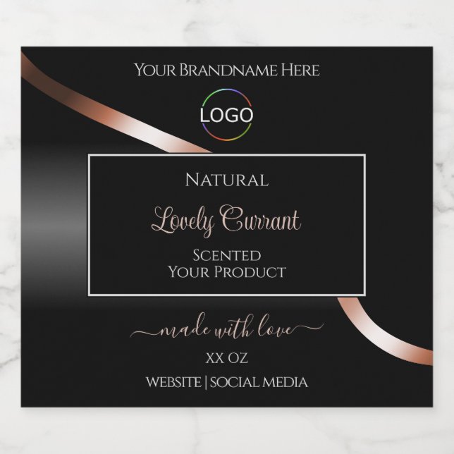 Elegant Black Wavy Rose Gold Logo Product Labels (Single Label)