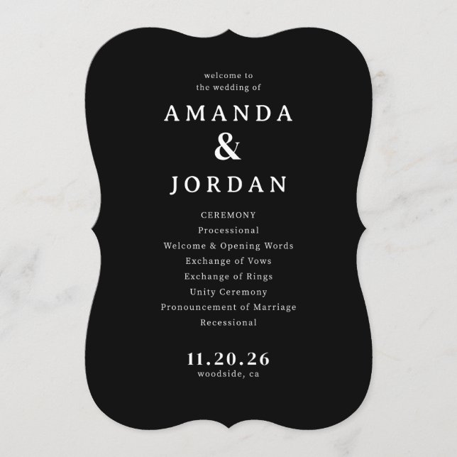 Elegant Black Wedding Ceremony Schedule Program (Front)