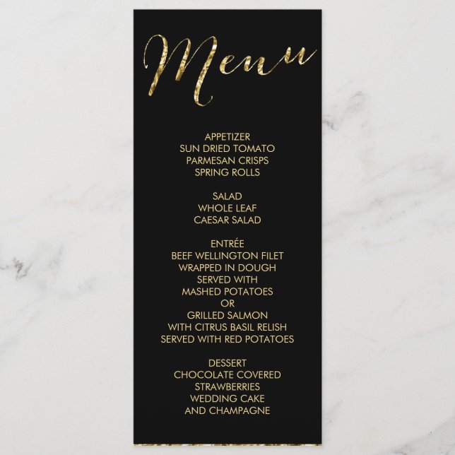 Elegant Black Wedding Menu Gold Foil (Front)