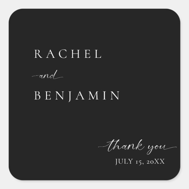 Elegant Black Wedding Minimalist Script Thank you Square Sticker (Front)