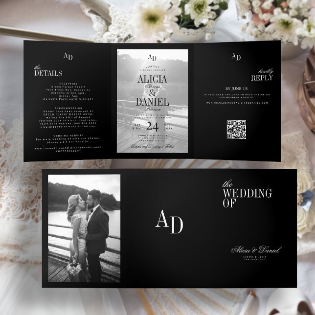 Elegant black wedding photo RSVP QR all in one Tri-Fold Invitation (Creator Uploaded)