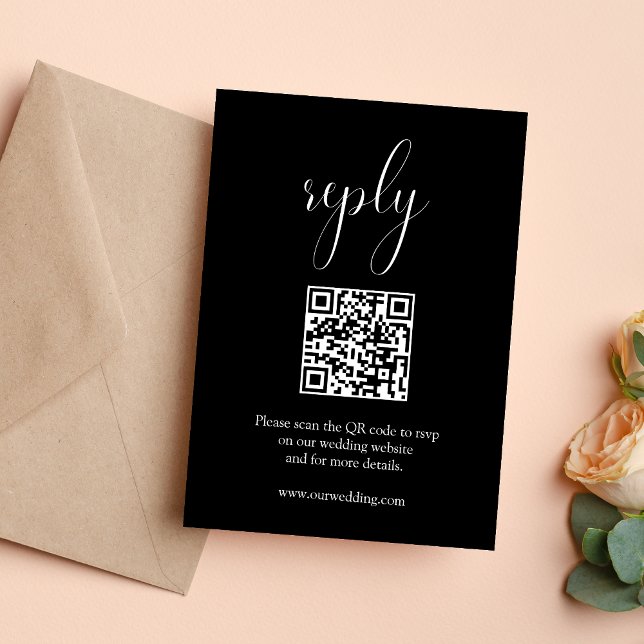 Elegant Black Wedding QR Code Respond RSVP Card (Elegant black QR code RSVP card makes responses seamless while elevating your wedding style)