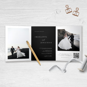 Elegant Black Wedding RSVP Details QR Code Photo Tri-Fold Invitation