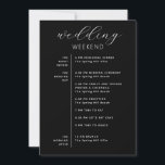 Elegant Black Wedding Weekend Timeline & Welcome Invitation<br><div class="desc">This elegant black wedding weekend card combines a beautifully designed itinerary and a heartfelt welcome message for your guests. The card features a detailed wedding schedule, including the rehearsal dinner, ceremony, reception, and morning after brunch, all laid out in a stylish format. The welcome message expresses gratitude for your guests’...</div>