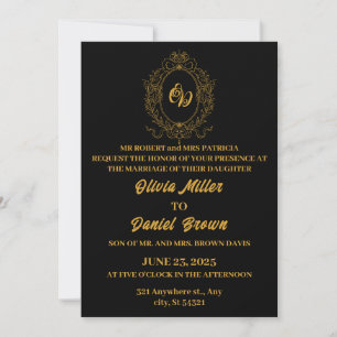 Elegant black wedding with floral logo frame gold  invitation