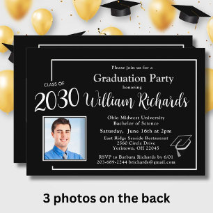 Elegant Black White 4 Photos Graduation Party  Invitation