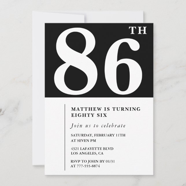 Elegant Black White 86th birthday invitation (Front)