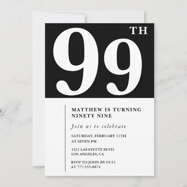 Elegant Black White 99th birthday invitation (Front)
