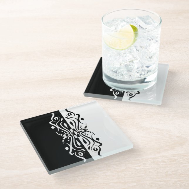 Elegant Black & White Abstract Harlequin Style Glass Coaster (Angled)