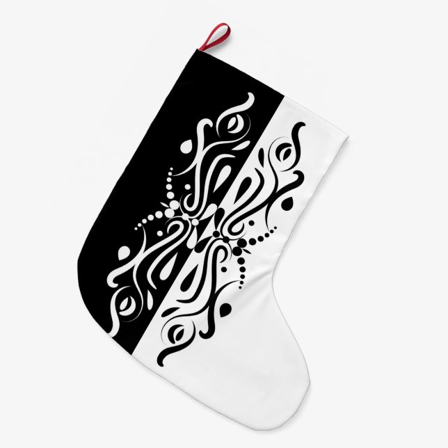 Elegant Black & White Abstract Harlequin Style Large Christmas Stocking (Front (Hanging))