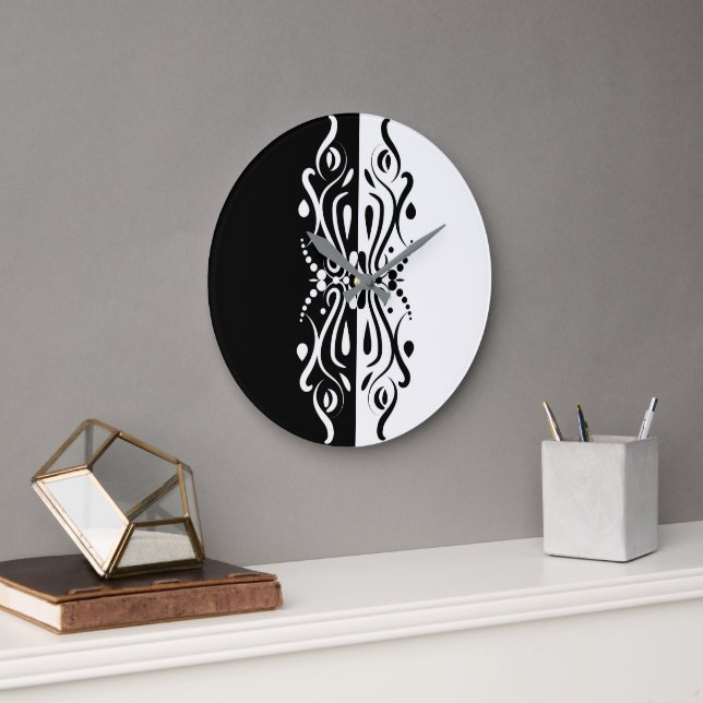 Elegant Black & White Abstract Harlequin Style Large Clock (Office)