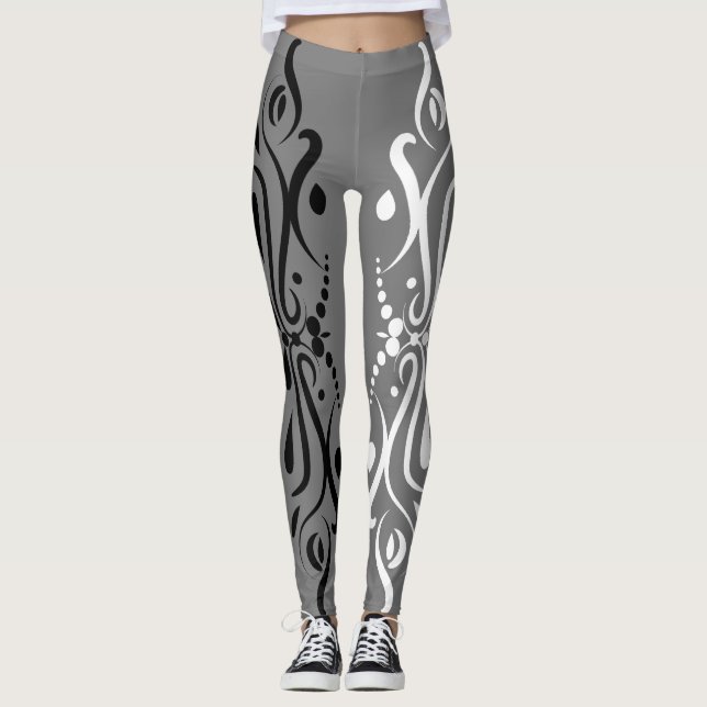 Elegant Black & White Abstract Harlequin Style Leggings (Front)