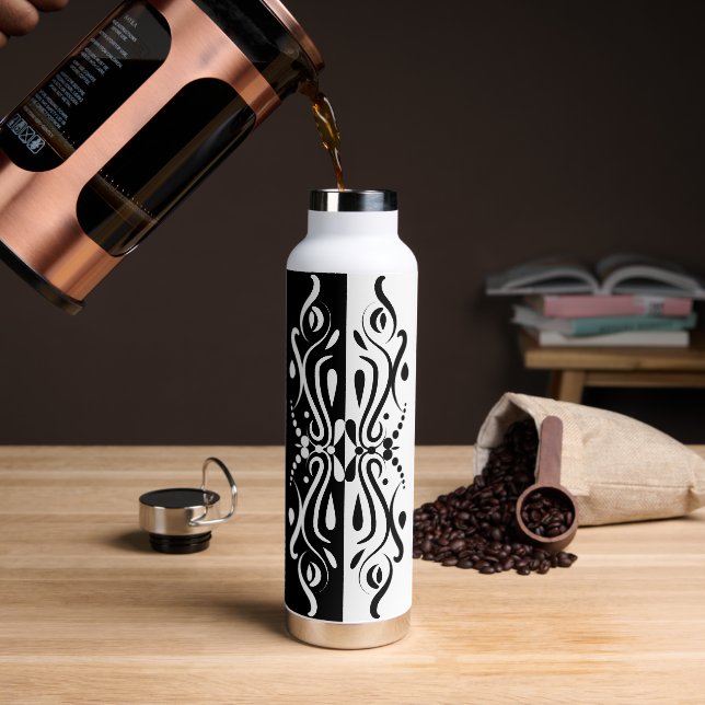 Elegant Black & White Abstract Harlequin Style Water Bottle (Coffee)