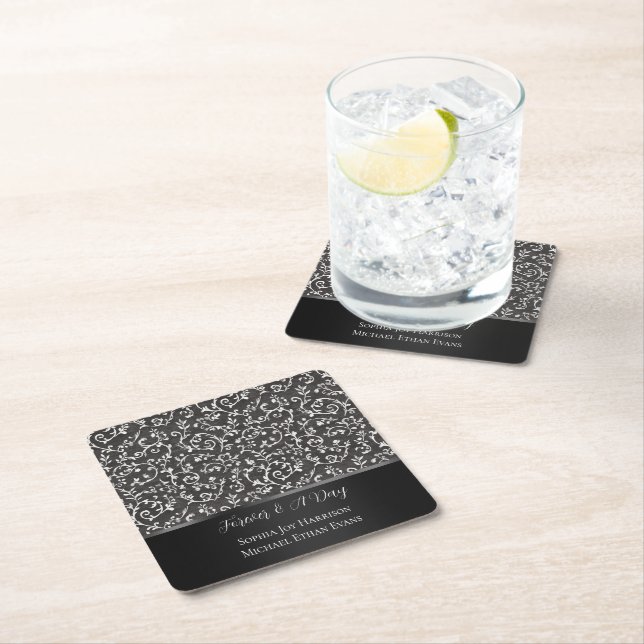 Elegant Black White Abstract Wedding Square Paper Coaster (Insitu)