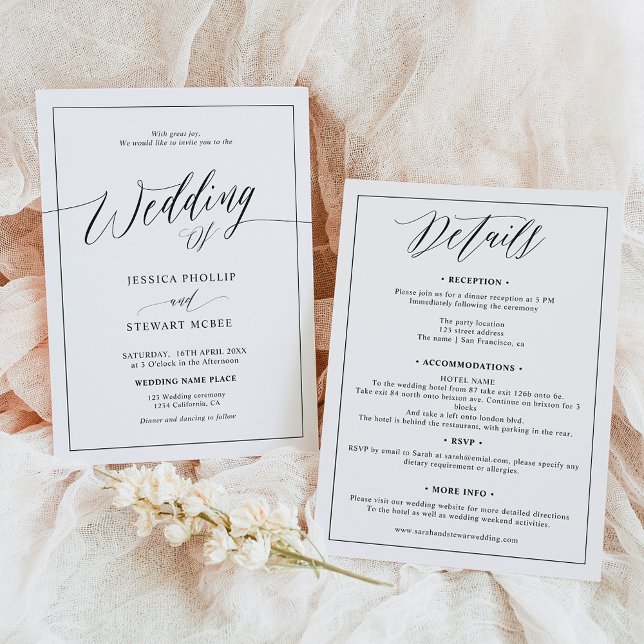 Elegant black white all in one script wedding  invitation (Elegant black white all in one script wedding invitation)