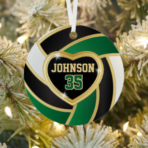 Elegant Black, White and Dark Green 🏐 Volleyball Metal Ornament