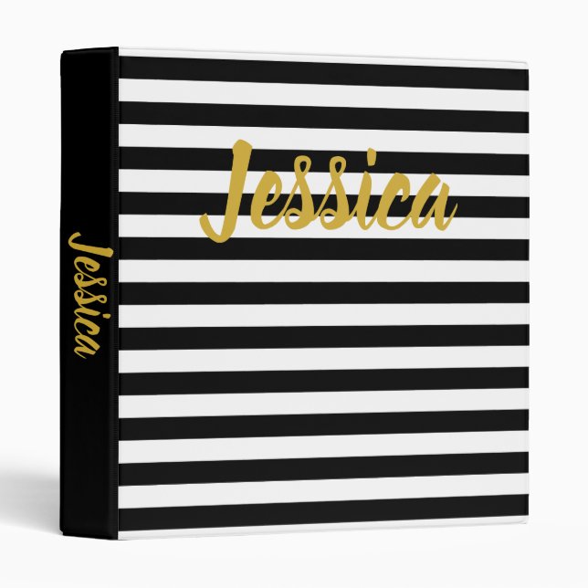 Elegant Black White and Gold Cursive Script Name Binder (Front/Spine)