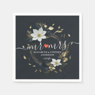 Elegant Black White and Gold Floral Wreath Wedding Napkin