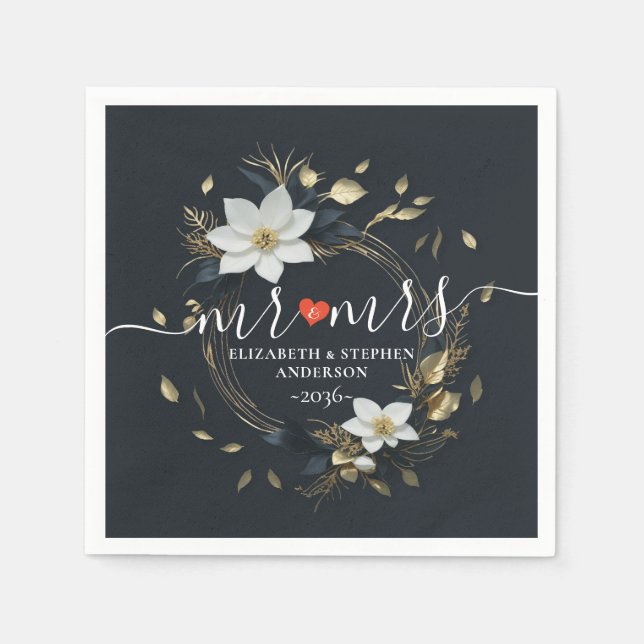 Elegant Black White and Gold Floral Wreath Wedding Napkin (Front)