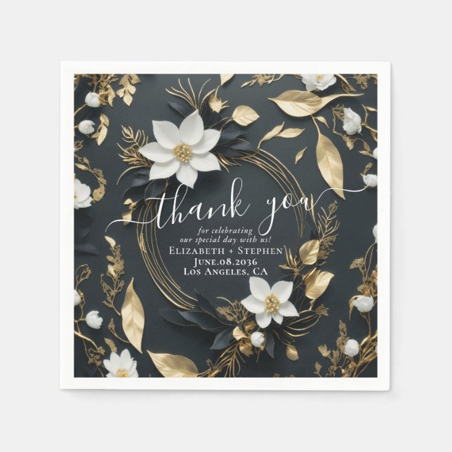 Elegant Black White and Gold Floral Wreath Wedding Napkin (Front)