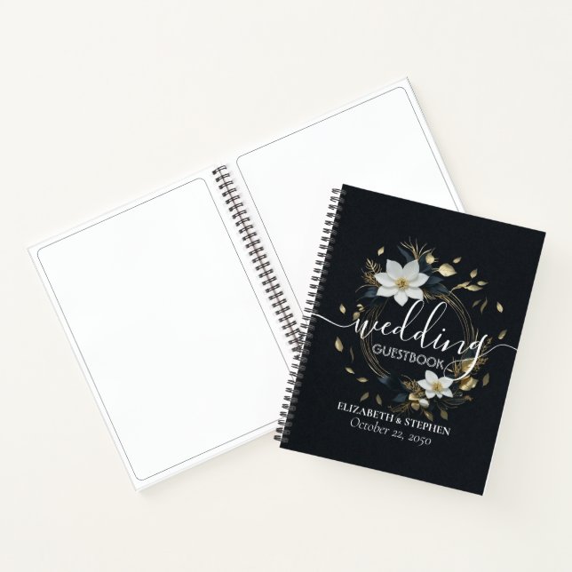 Elegant Black White and Gold Floral Wreath Wedding Notebook (Inside)