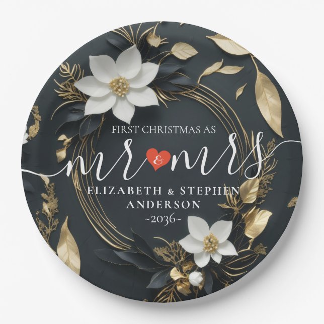 Elegant Black White and Gold Floral Wreath Wedding Paper Plate (Front)