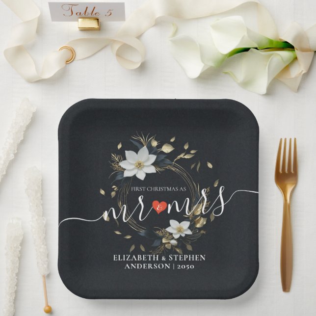 Elegant Black White and Gold Floral Wreath Wedding Paper Plate (Wedding)