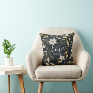 Elegant Black White and Gold Floral Wreath Wedding Throw Pillow