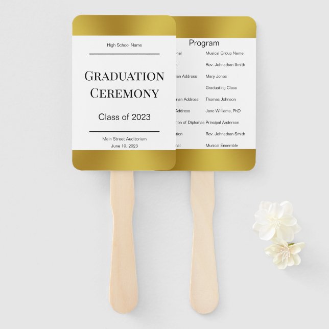Elegant Black White and Gold Graduation Program Hand Fan (Front and Back)