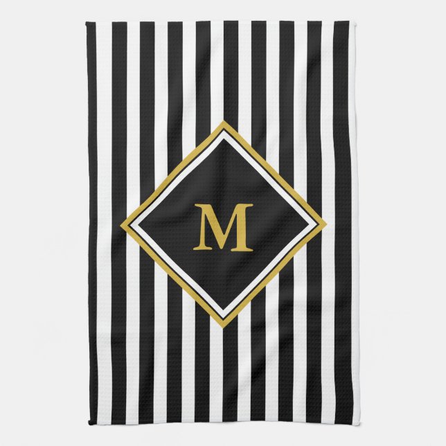 Elegant Black White and Gold Monogram Striped Kitchen Towel (Vertical)