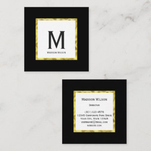 Elegant Black White and Gold Name Monogram Square Business Card
