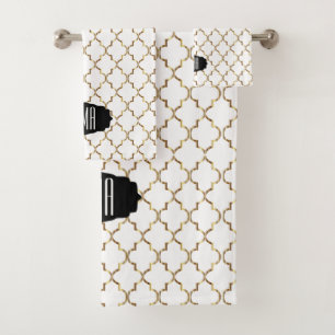 Elegant Black, White and Gold Quatrefoil Patterns Bath Towel Set