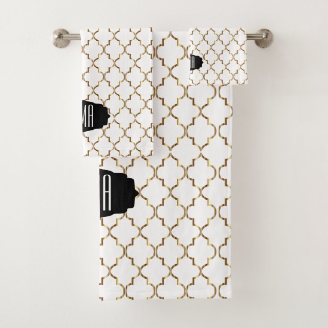 Elegant Black, White and Gold Quatrefoil Patterns Bath Towel Set (Insitu)