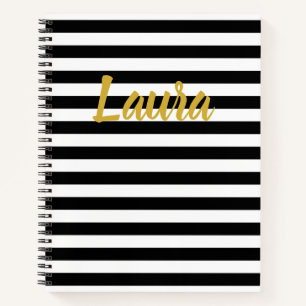 Elegant Black White and Gold Script Name Stripes Notebook