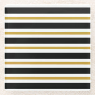 Elegant Black, White and Gold Stripes Glass Coaster