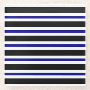 Elegant Black, White and Navy Blue Stripes Glass Coaster