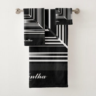 Elegant Black White And Silver Geometric Squares Bath Towel Set