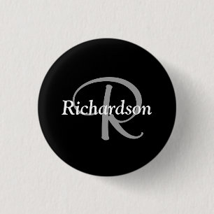 Elegant Black White and Silver Grey Monogrammed 1 Inch Round Button