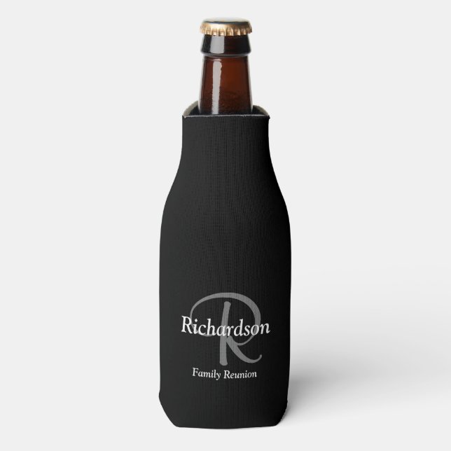 Elegant Black White and Silver Grey Monogrammed Bottle Cooler (Bottle Front)