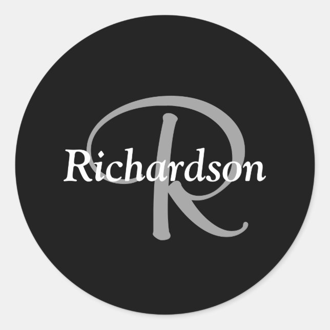 Elegant Black White and Silver Grey Monogrammed Classic Round Sticker (Front)