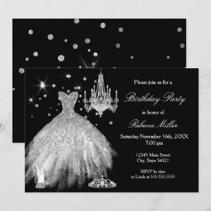 Elegant Black White Birthday Party silver heels Invitation