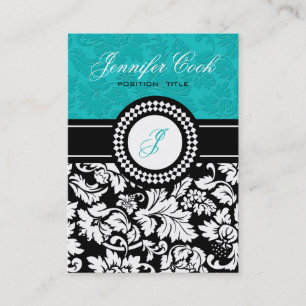 Elegant Black White & Blue-Green Floral Damasks Business Card