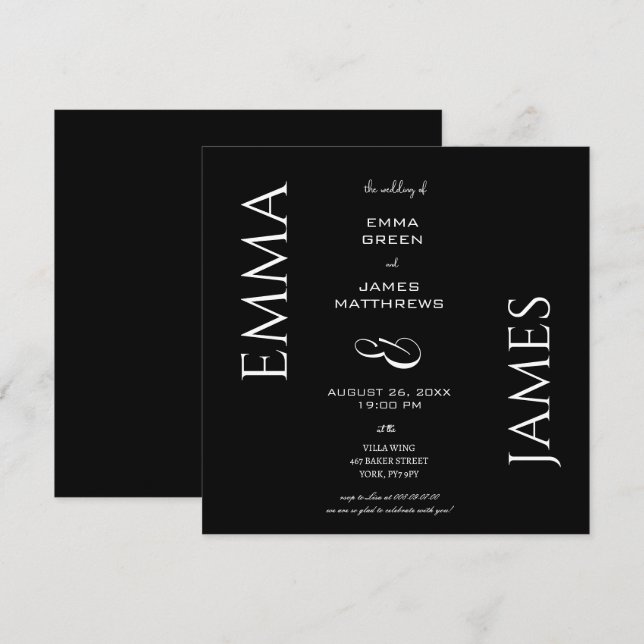 Elegant Black & White Bold Script Wedding Square  Invitation (Front/Back)